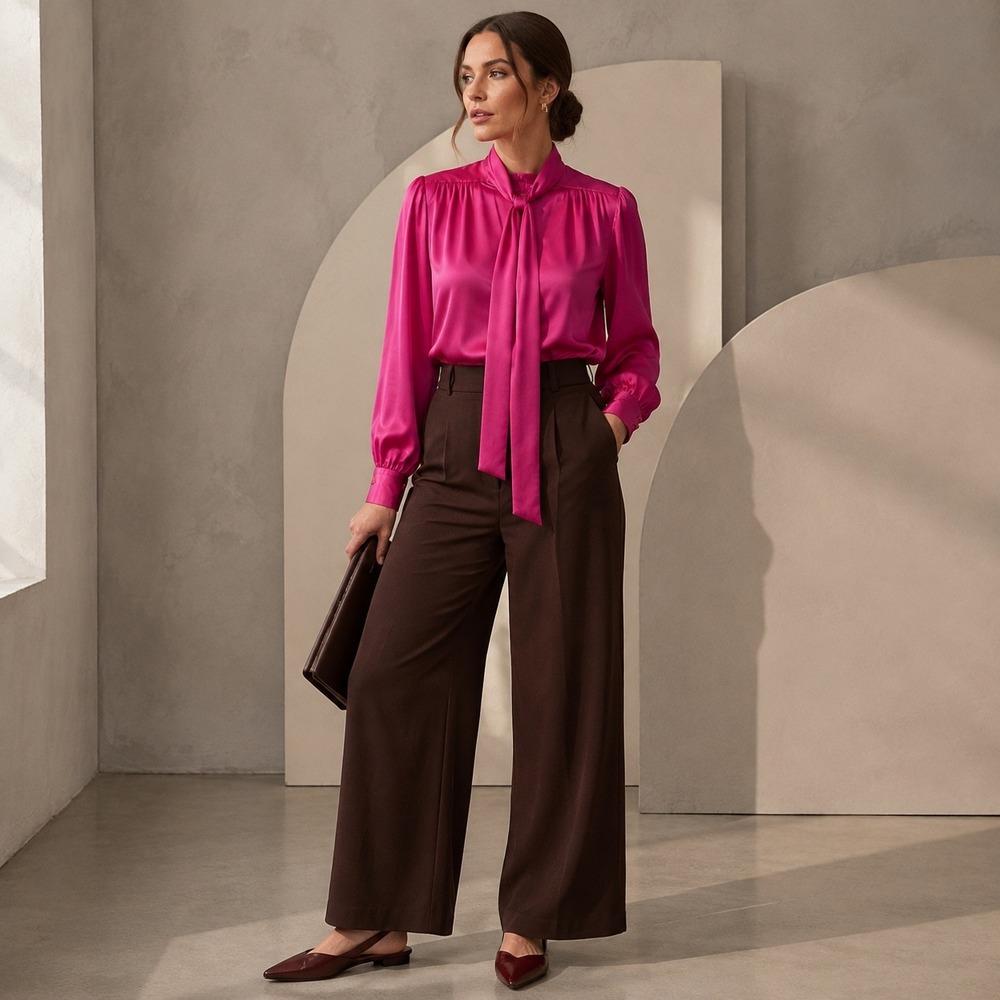 Vintage 70s Lilli Ann Fuchsia Satin Tie Neck Secretary Blouse Dopamine 12